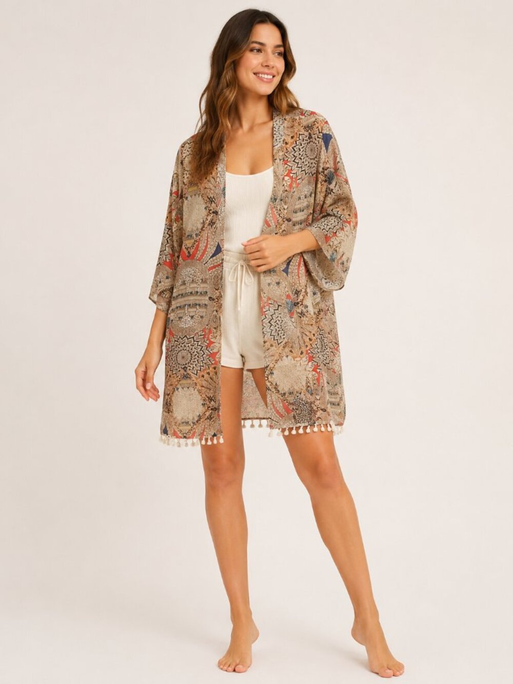 Umgee USA 1XL Boho Tribal Print Open-Front Kimono Cardigan Tassel Hem